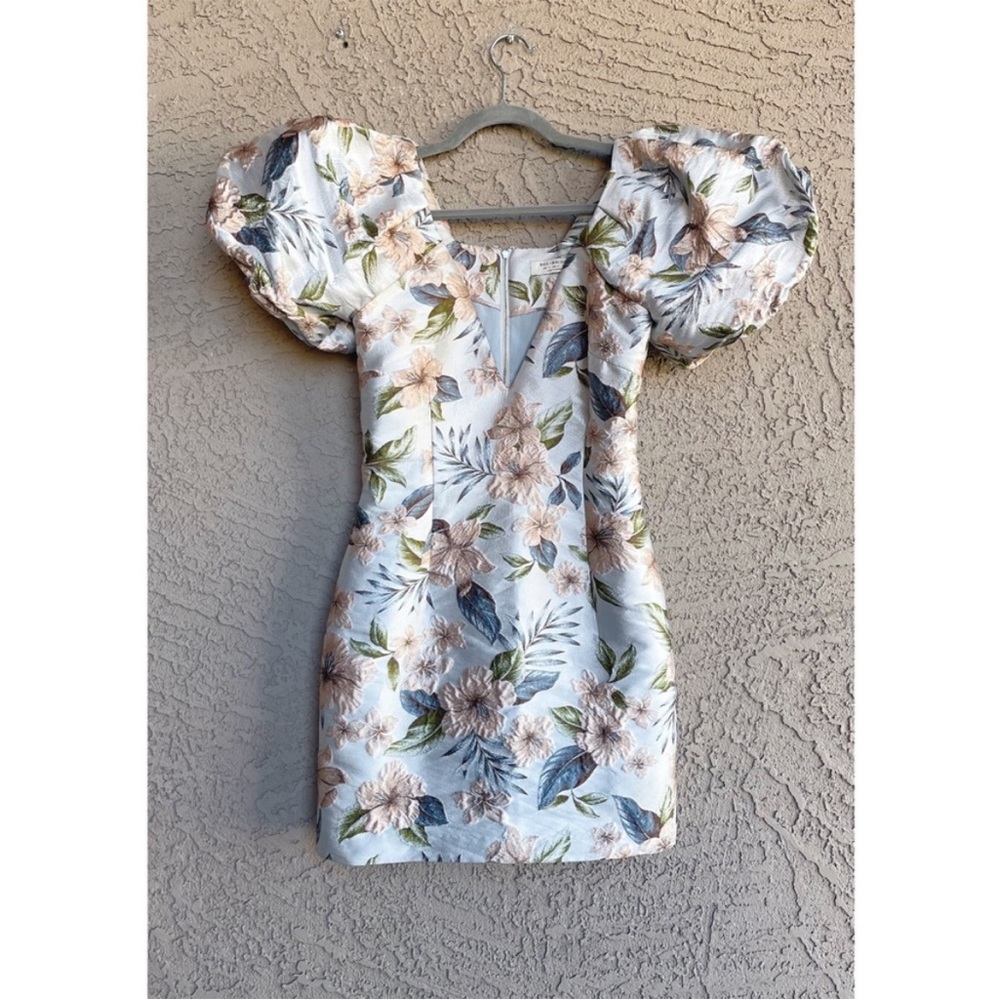 BEC + BRIDGE Blue & Pink Textured Floral Jacquard Plunging V Poofy Sleeve Dress - Picture 2 of 16